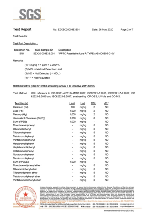 贴片自恢复保险丝SGS认证报告2